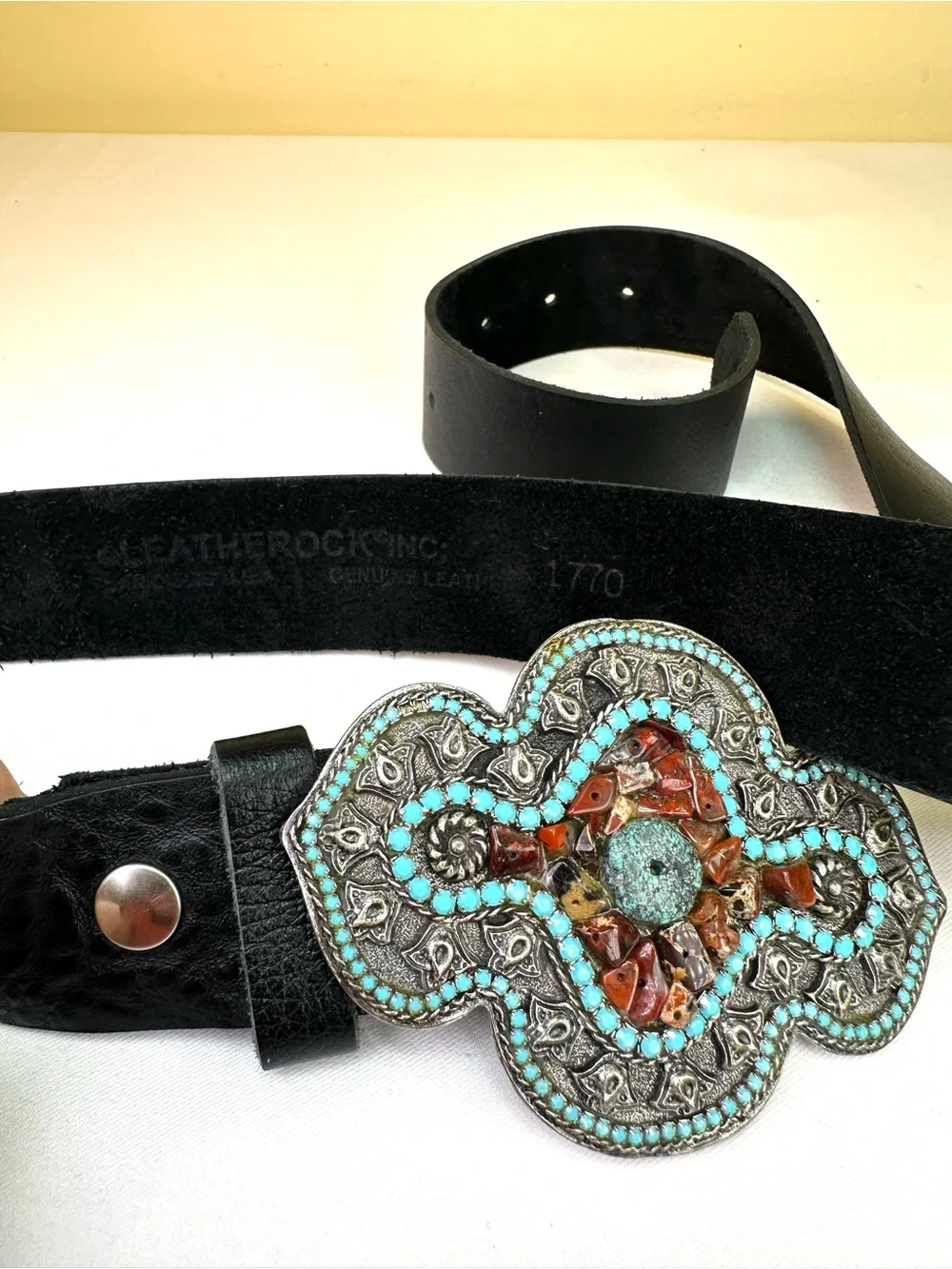 Leatherock Black leather handcrafted artisan buckle turquoise-style cabochons